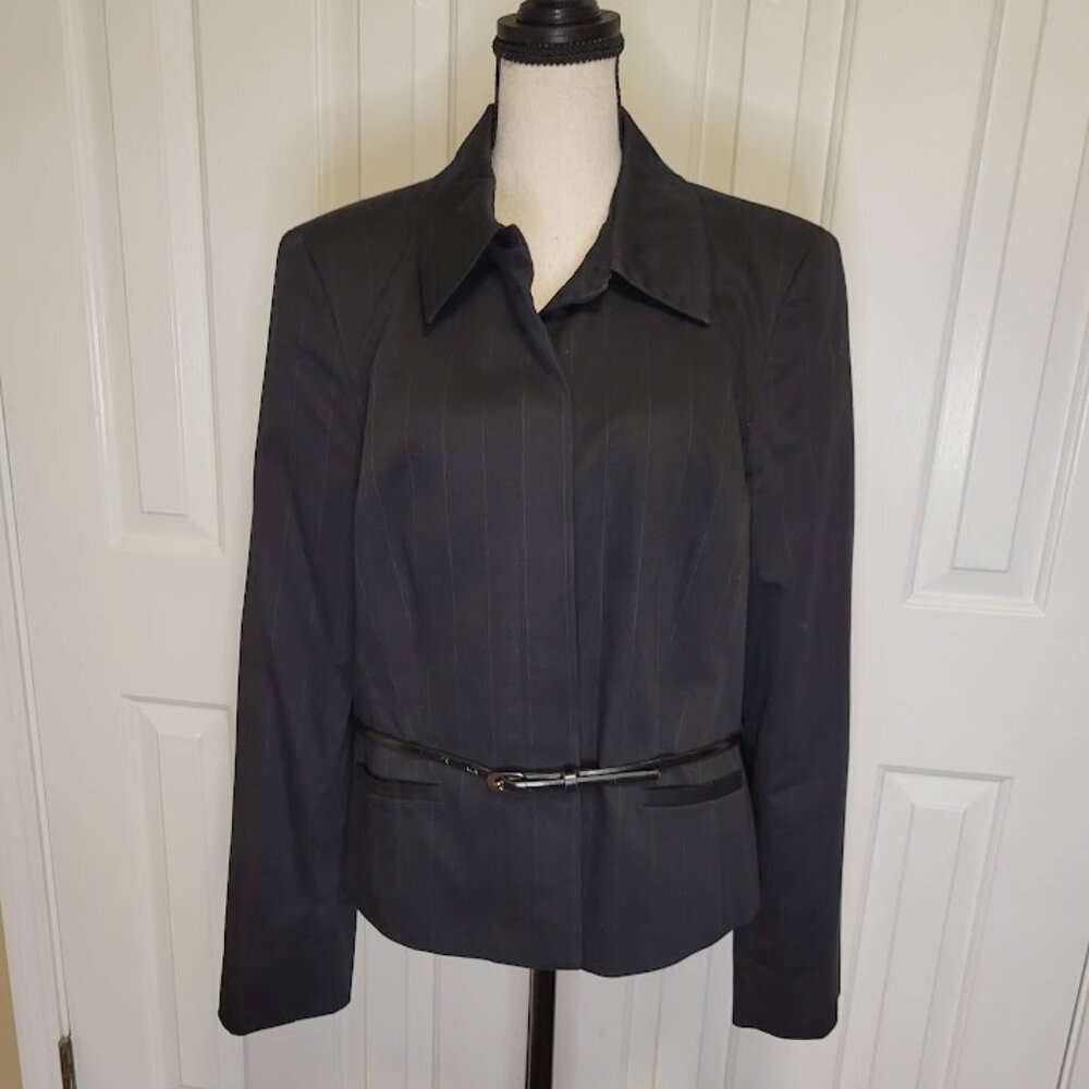 Calvin Klein Black Pinstripe Belted Blazer Jacket Size 12